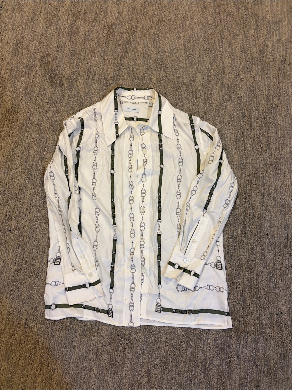 Equipment White Button-Up Blouse with Olive Chain Stripe
